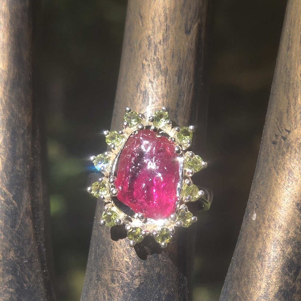 Ruby Raw Natural 14k & Peridot Gemstone Sterling Ring Sz7.75 - Picture 5 of 9